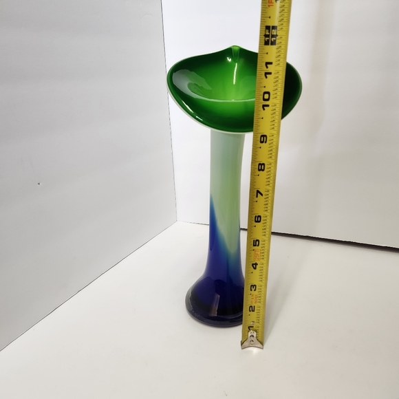 Hand Blown Cased Glass Jack In The Pulpit Vase Cobalt Blue Green White Vintage - Picture 9 of 11